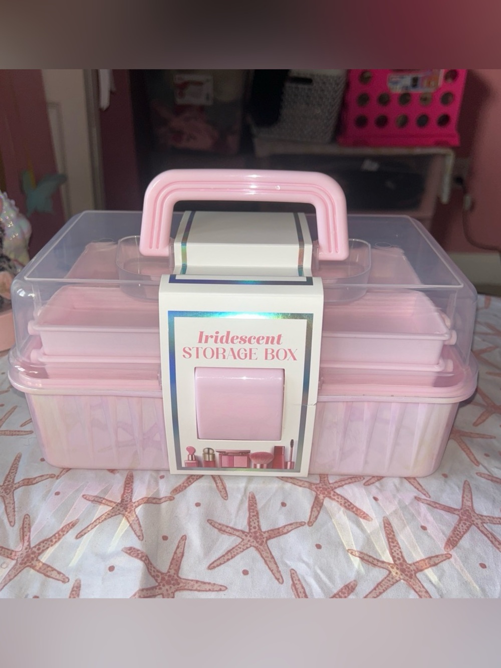 Iridescent Pink Storage Box with Top Handle - Home Organizer